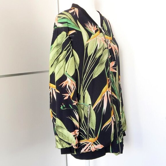 Zara Black Green Tropical Exotic Floral Oversized Bomber Jacket Size Medium - Picture 8 of 13